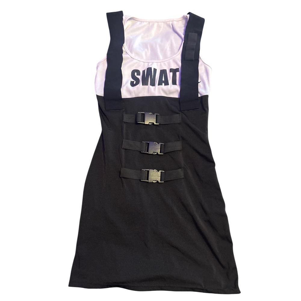 Leg Avenue Women's SWAT Costume Dress Black White Buckle Tactical Mini Dress S/M
